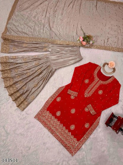 Chinon Silk Embroidered Top Sharara with Dupatta Set | Pearl & Sequin Work | Ready to Wear