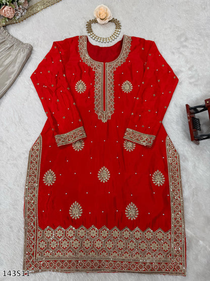 Chinon Silk Embroidered Top Sharara with Dupatta Set | Pearl & Sequin Work | Ready to Wear