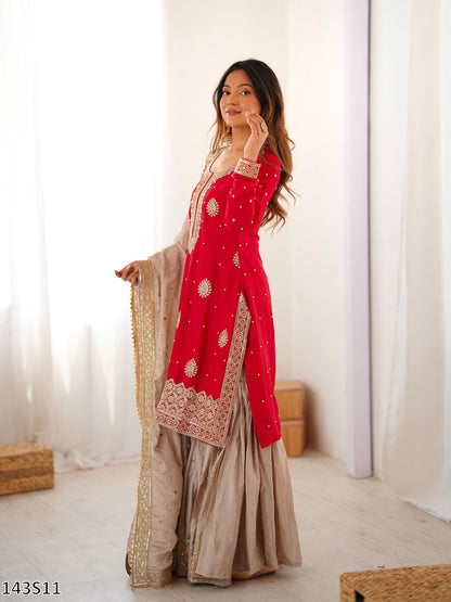 Chinon Silk Embroidered Top Sharara with Dupatta Set | Pearl & Sequin Work | Ready to Wear