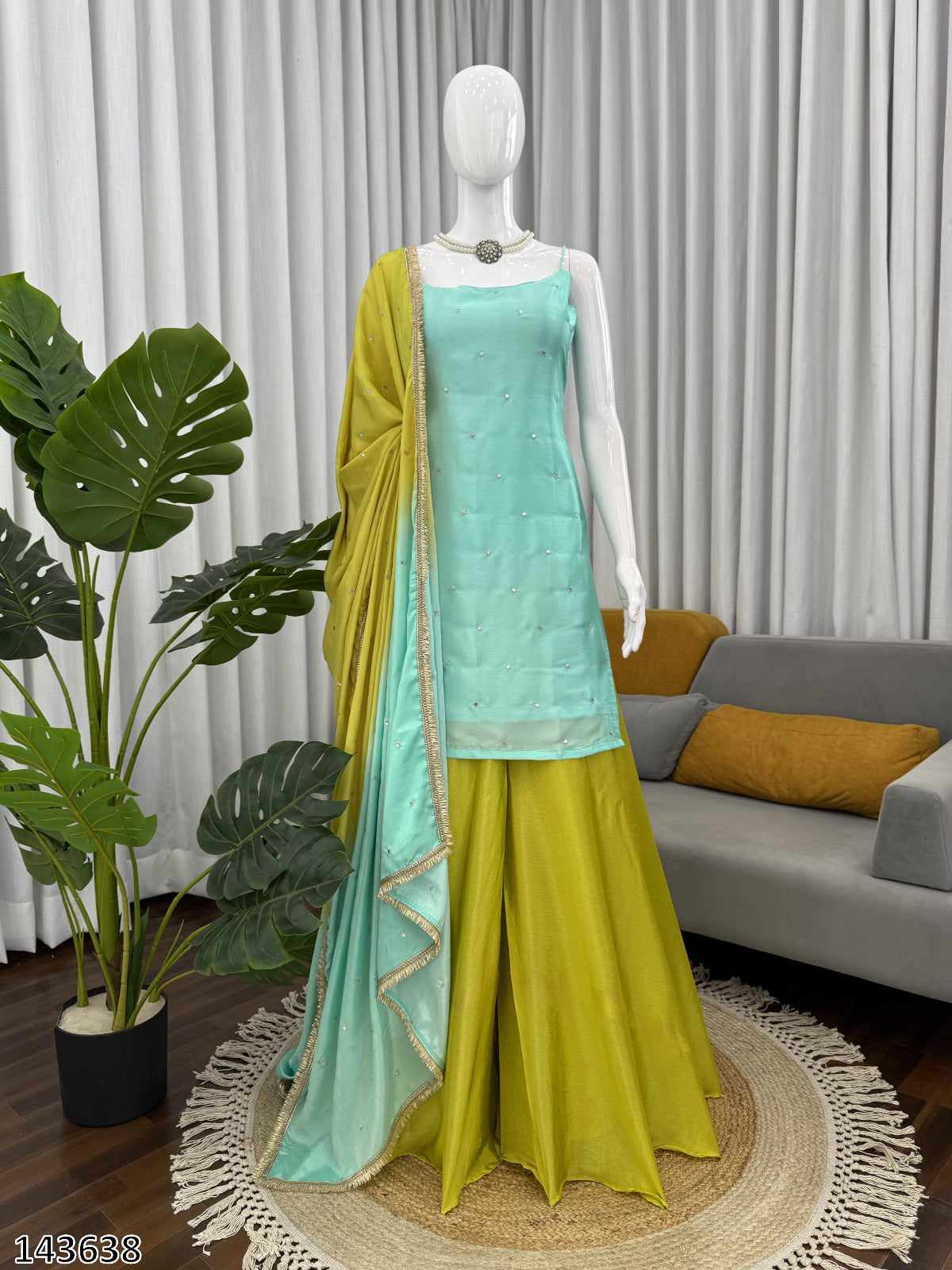 Chinon Silk Top-Plazzo-Dupatta Set | Fully Stitched 3-Piece