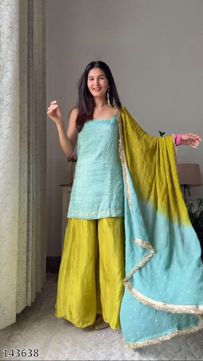 Chinon Silk Top-Plazzo-Dupatta Set | Fully Stitched 3-Piece