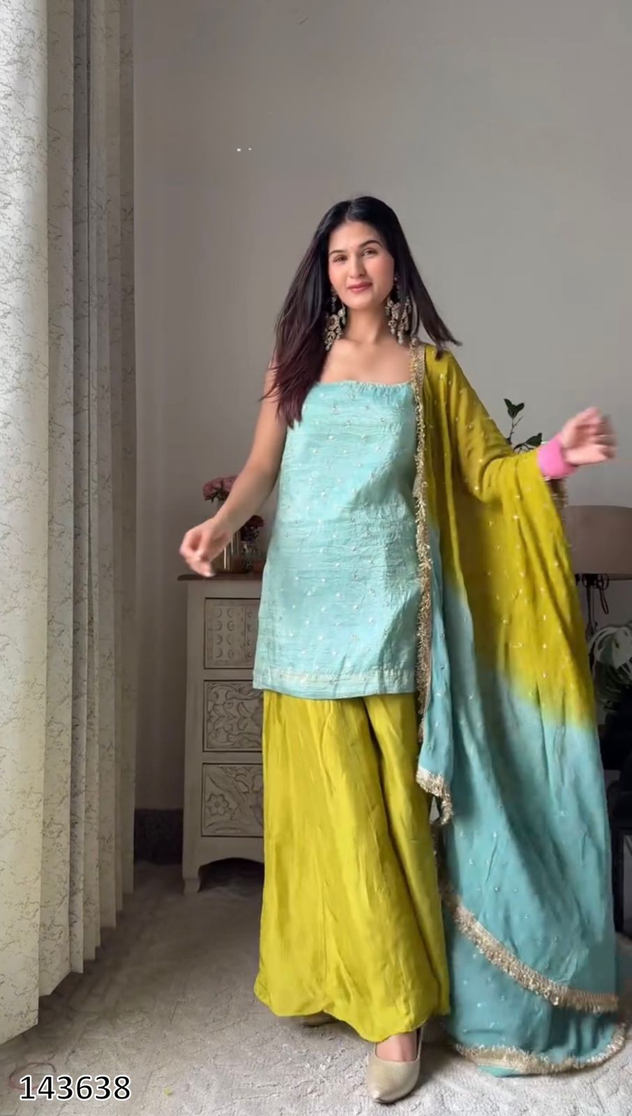 Chinon Silk Top-Plazzo-Dupatta Set | Fully Stitched 3-Piece