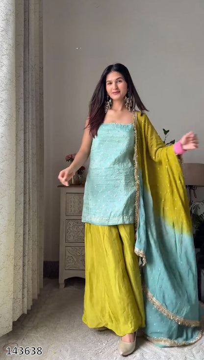 Chinon Silk Top-Plazzo-Dupatta Set | Fully Stitched 3-Piece