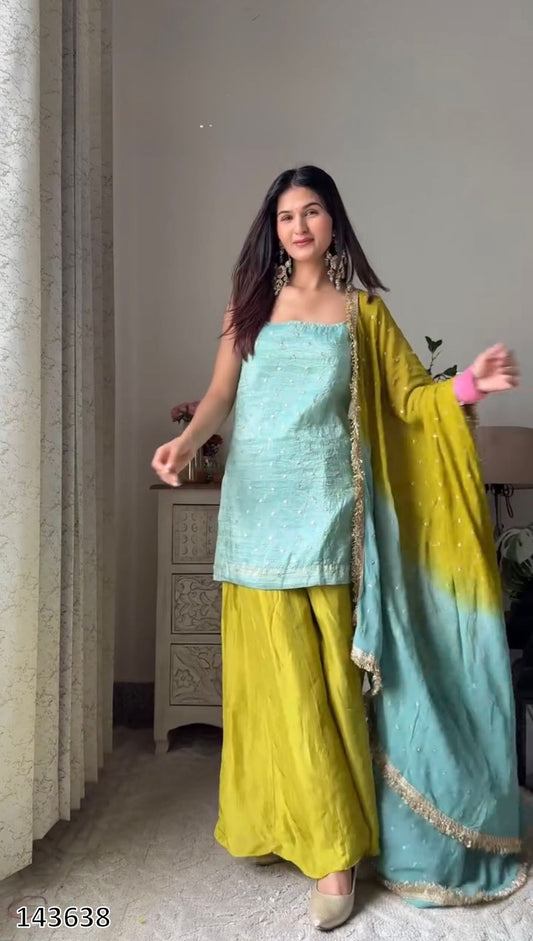 Chinon Silk Top-Plazzo-Dupatta Set | Fully Stitched 3-Piece