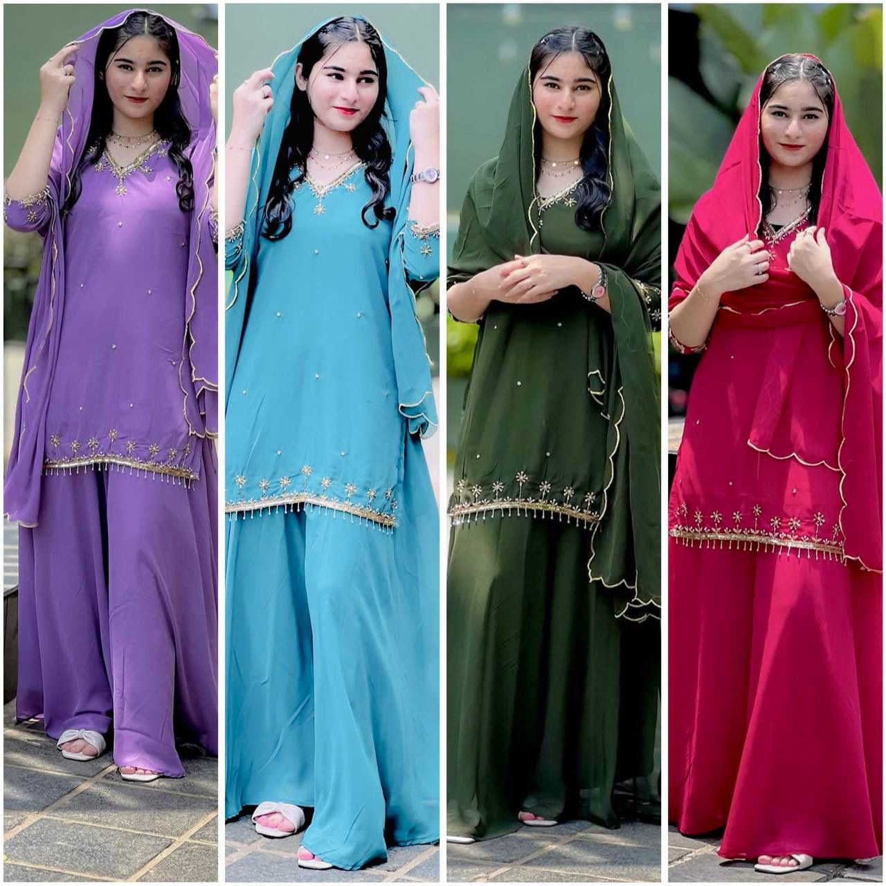 Pure Fox Georgette Top-Sarara-Dupatta Set | Fully Stitched Ready-to-Wear Ethnic Wear