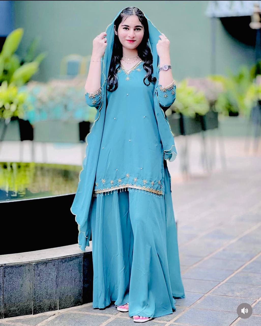 Pure Fox Georgette Top-Sarara-Dupatta Set | Fully Stitched Ready-to-Wear Ethnic Wear
