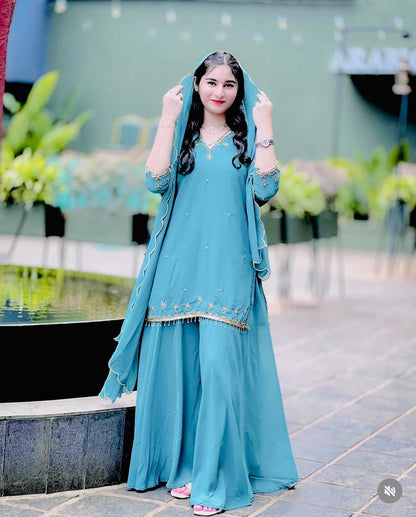 Pure Fox Georgette Top-Sarara-Dupatta Set | Fully Stitched Ready-to-Wear Ethnic Wear