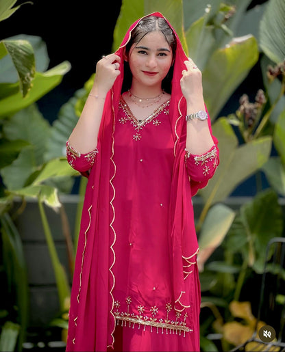 Pure Fox Georgette Top-Sarara-Dupatta Set | Fully Stitched Ready-to-Wear Ethnic Wear