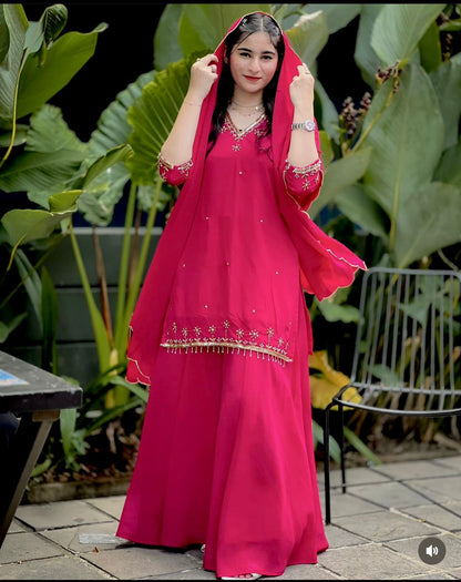 Pure Fox Georgette Top-Sarara-Dupatta Set | Fully Stitched Ready-to-Wear Ethnic Wear