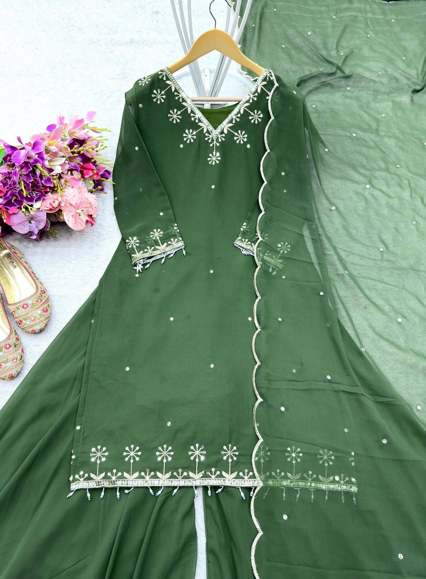 Pure Fox Georgette Top-Sarara-Dupatta Set | Fully Stitched Ready-to-Wear Ethnic Wear