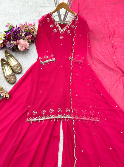 Pure Fox Georgette Top-Sarara-Dupatta Set | Fully Stitched Ready-to-Wear Ethnic Wear