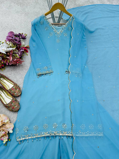 Pure Fox Georgette Top-Sarara-Dupatta Set | Fully Stitched Ready-to-Wear Ethnic Wear
