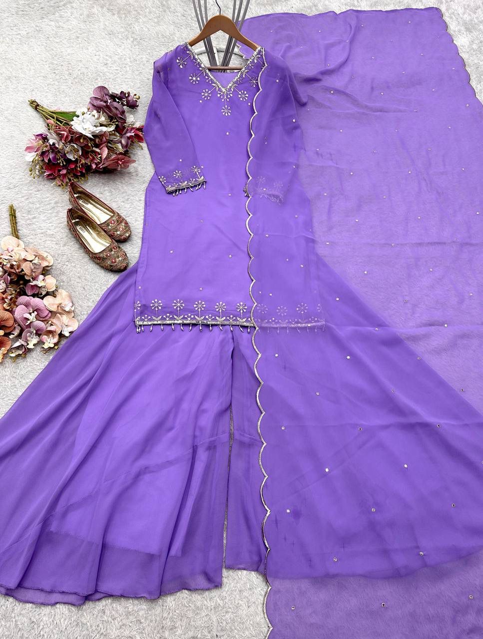 Pure Fox Georgette Top-Sarara-Dupatta Set | Fully Stitched Ready-to-Wear Ethnic Wear