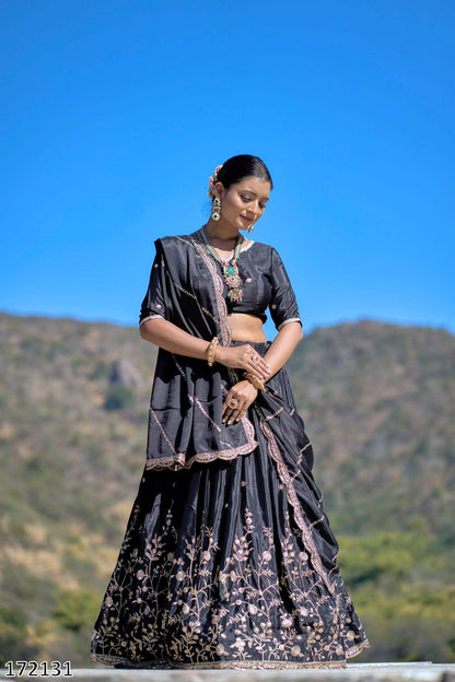 Classical Chinon Embroidery Lehenga Set with Zari Work & Sequined Dupatta | Party Wear