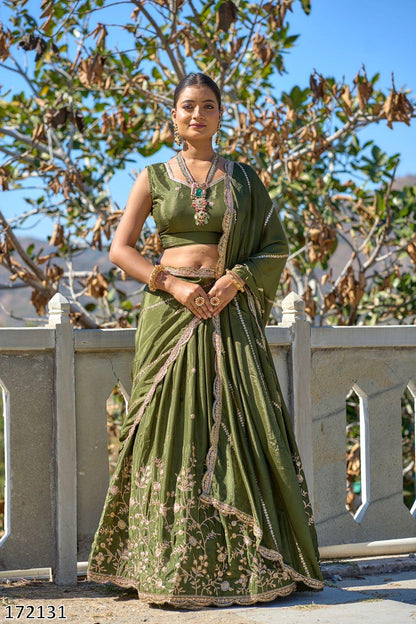 Classical Chinon Embroidery Lehenga Set with Zari Work & Sequined Dupatta | Party Wear