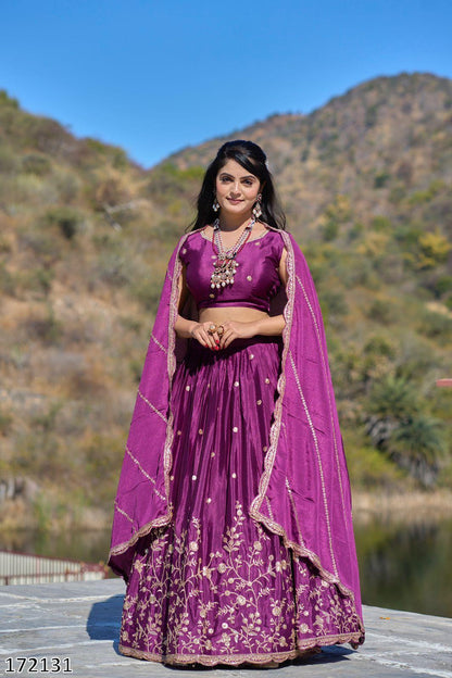 Classical Chinon Embroidery Lehenga Set with Zari Work & Sequined Dupatta | Party Wear