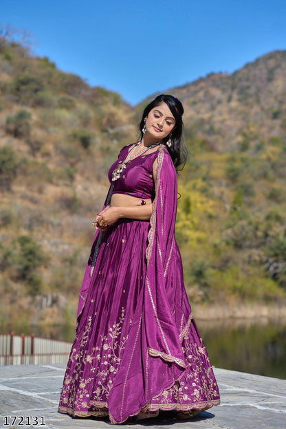 Classical Chinon Embroidery Lehenga Set with Zari Work & Sequined Dupatta | Party Wear