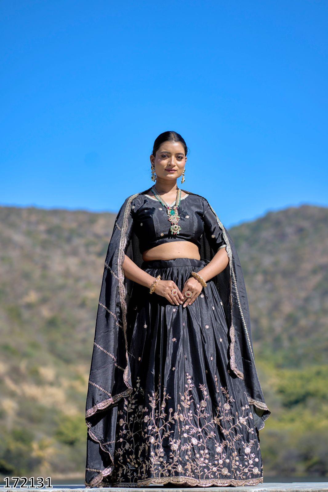 Classical Chinon Embroidery Lehenga Set with Zari Work & Sequined Dupatta | Party Wear