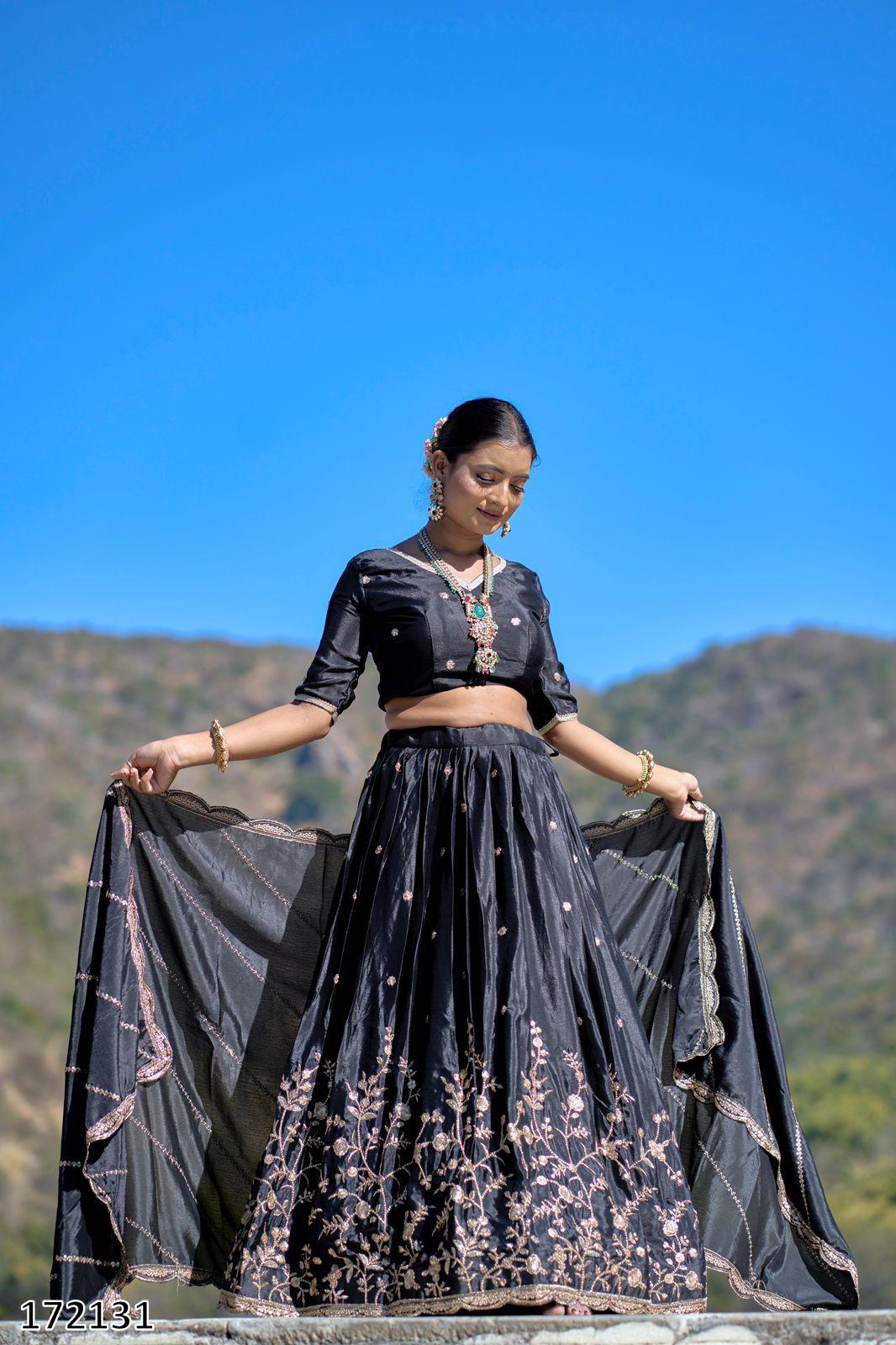 Classical Chinon Embroidery Lehenga Set with Zari Work & Sequined Dupatta | Party Wear