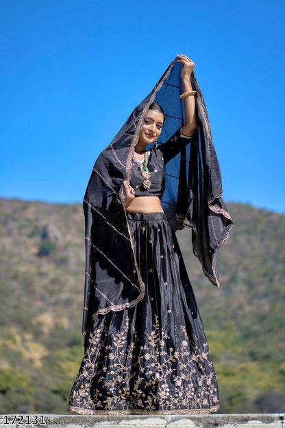 Classical Chinon Embroidery Lehenga Set with Zari Work & Sequined Dupatta | Party Wear
