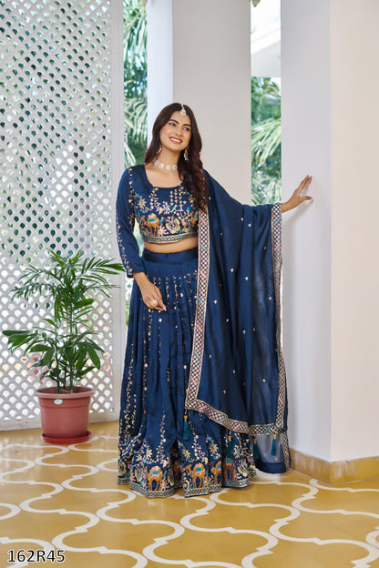 Wedding Special Pure Vichitra Lehenga Choli Set with Heavy Sequin & Thread Embroidery