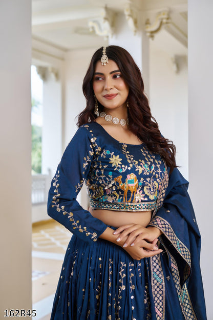 Wedding Special Pure Vichitra Lehenga Choli Set with Heavy Sequin & Thread Embroidery