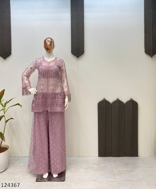 Trending Butterfly Net Top & Plazzo Set with Sequin Embroidery | Designer Party Wear