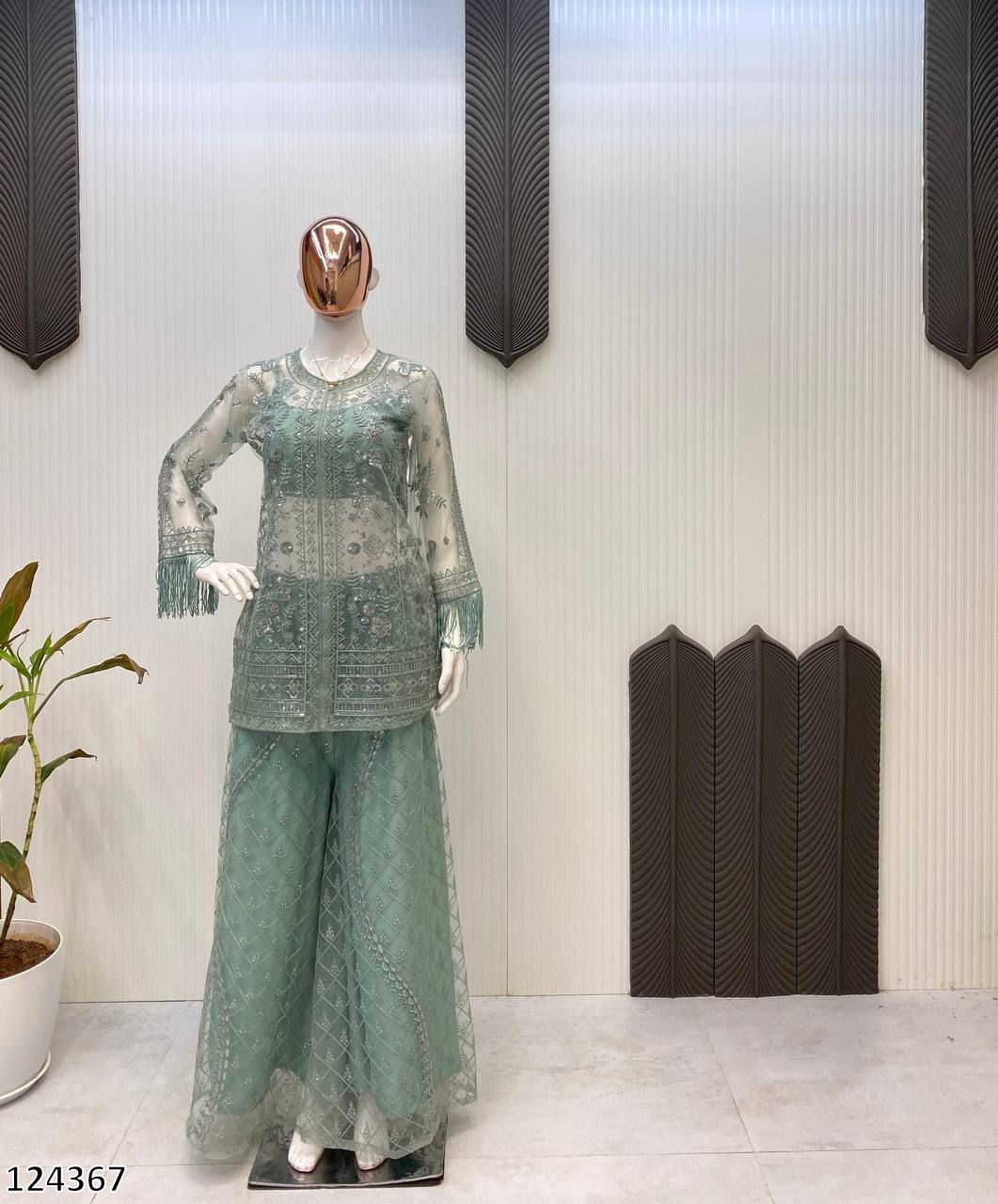 Trending Butterfly Net Top & Plazzo Set with Sequin Embroidery | Designer Party Wear