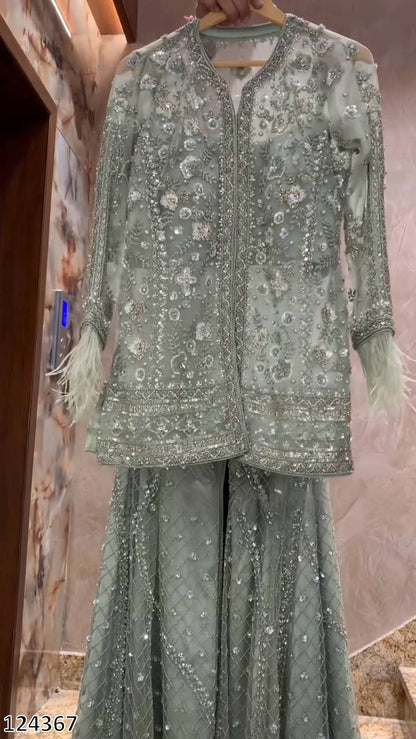 Trending Butterfly Net Top & Plazzo Set with Sequin Embroidery | Designer Party Wear
