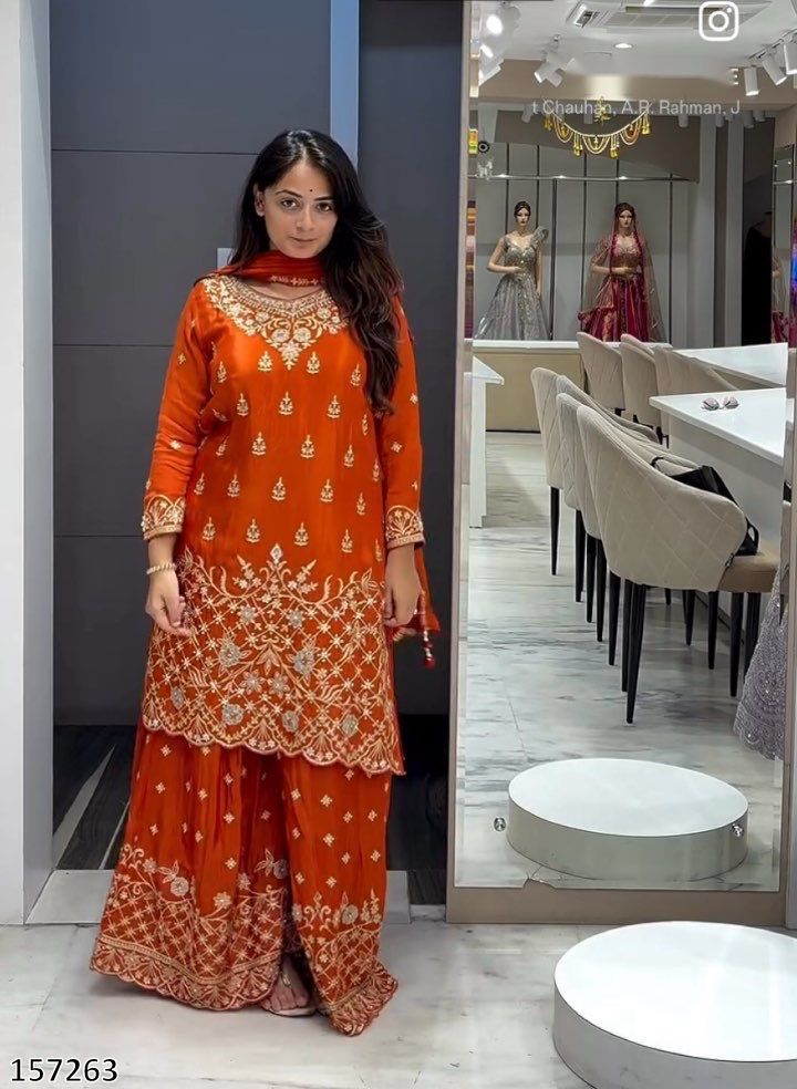 Designer Chinon Silk Top Sharara Dupatta Set with 5mm Sequin Embroidery | Ready-to-Wear Party