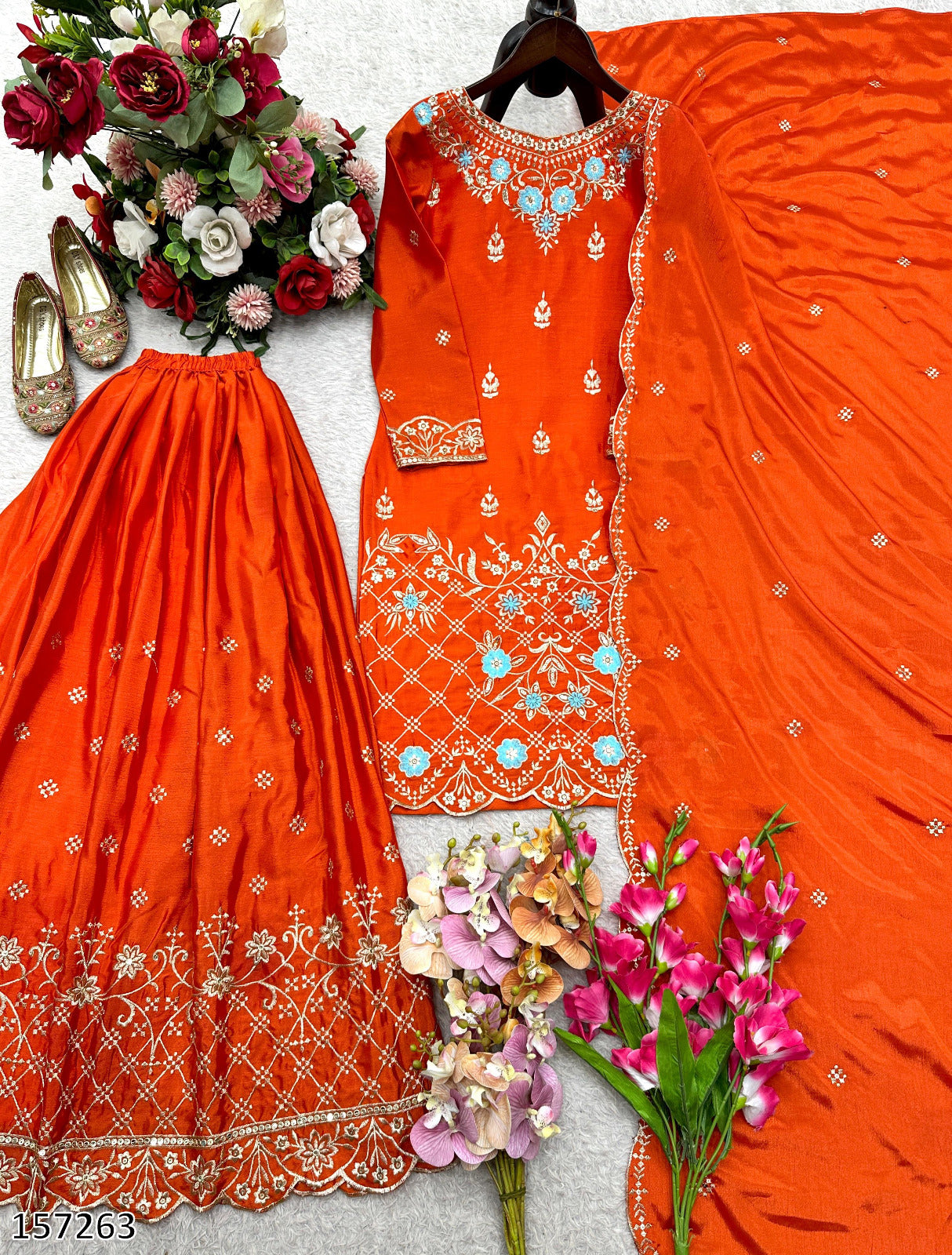 Designer Chinon Silk Top Sharara Dupatta Set with 5mm Sequin Embroidery | Ready-to-Wear Party