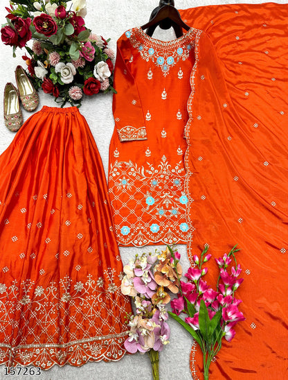 Designer Chinon Silk Top Sharara Dupatta Set with 5mm Sequin Embroidery | Ready-to-Wear Party