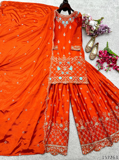 Designer Chinon Silk Top Sharara Dupatta Set with 5mm Sequin Embroidery | Ready-to-Wear Party