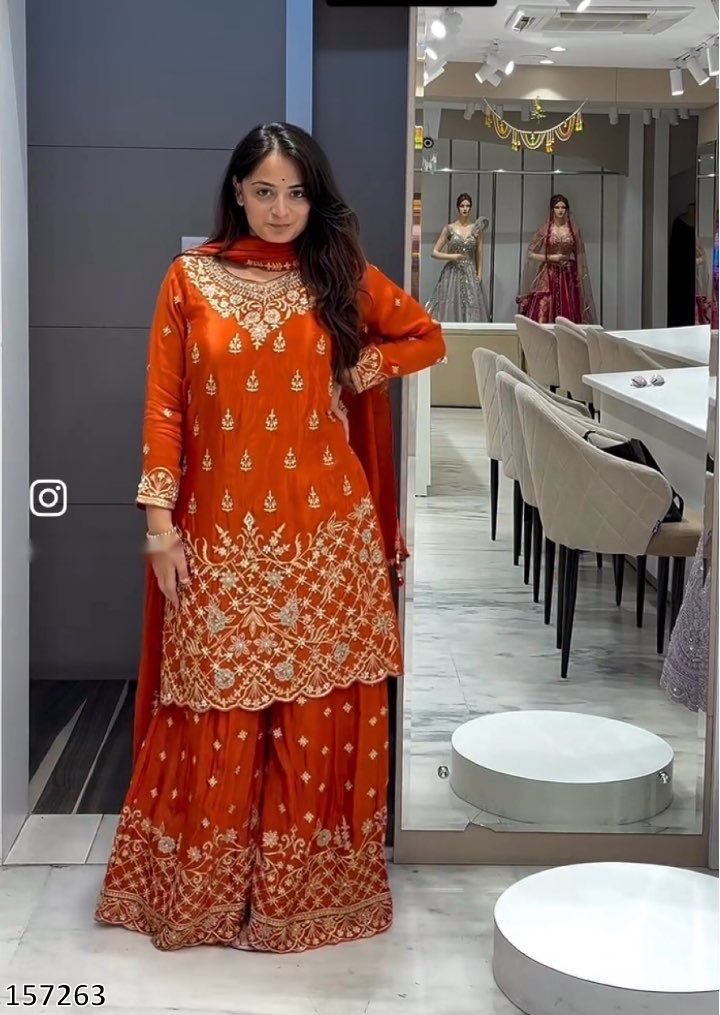 Designer Chinon Silk Top Sharara Dupatta Set with 5mm Sequin Embroidery | Ready-to-Wear Party