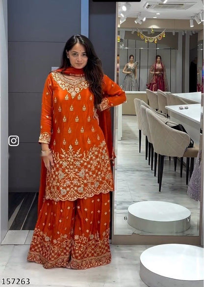 Designer Chinon Silk Top Sharara Dupatta Set with 5mm Sequin Embroidery | Ready-to-Wear Party