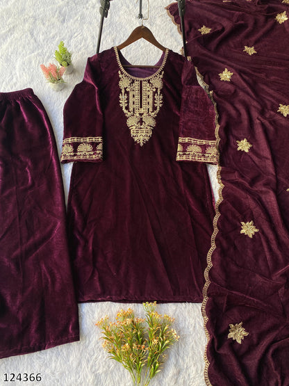 Winter Velvet 3-Piece Palazzo Suit with Sequin Embroidery | Party & Festive Wear