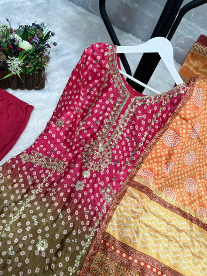 Printed Chinon Silk Long Kurti Palazzo Set with Dupatta