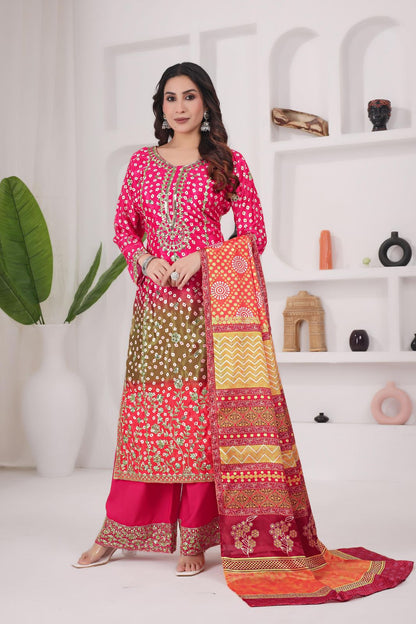 Printed Chinon Silk Long Kurti Palazzo Set with Dupatta