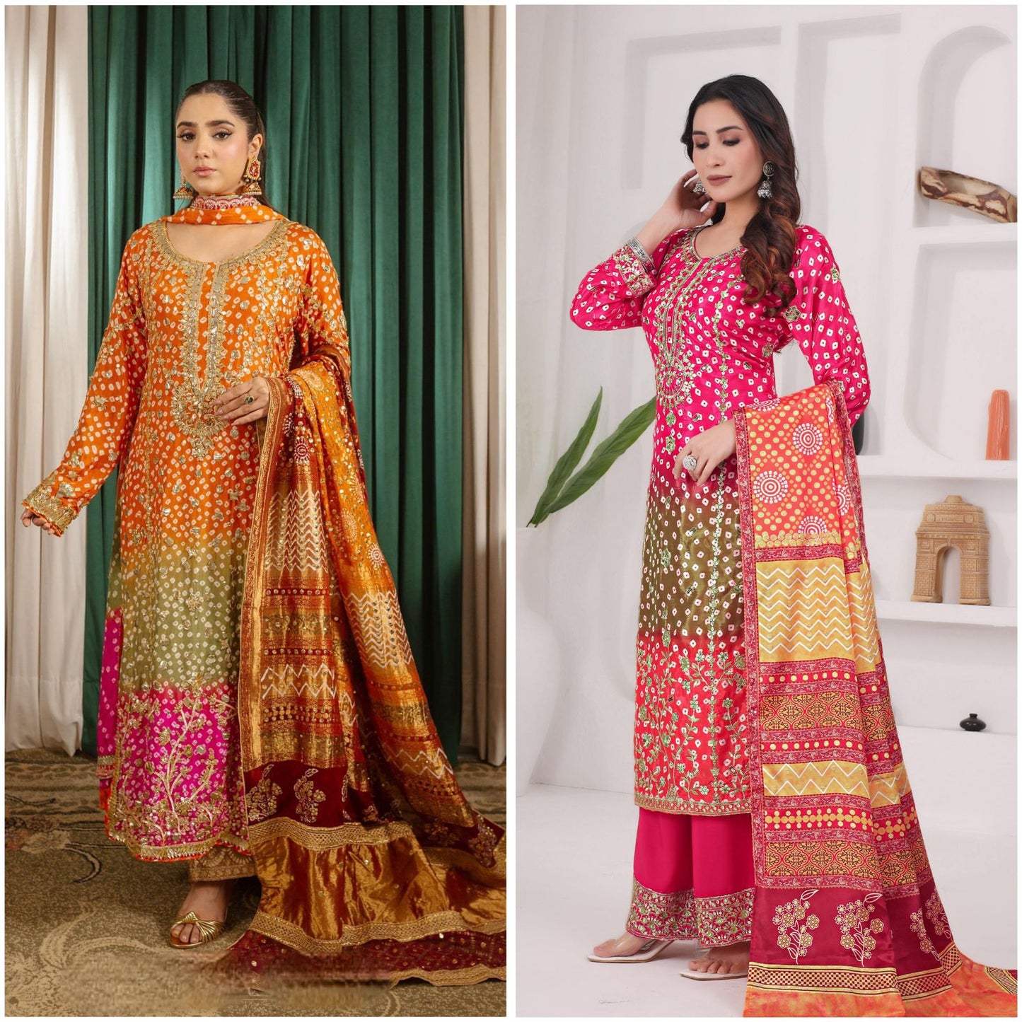 Printed Chinon Silk Long Kurti Palazzo Set with Dupatta
