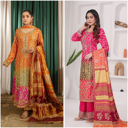 Printed Chinon Silk Long Kurti Palazzo Set with Dupatta