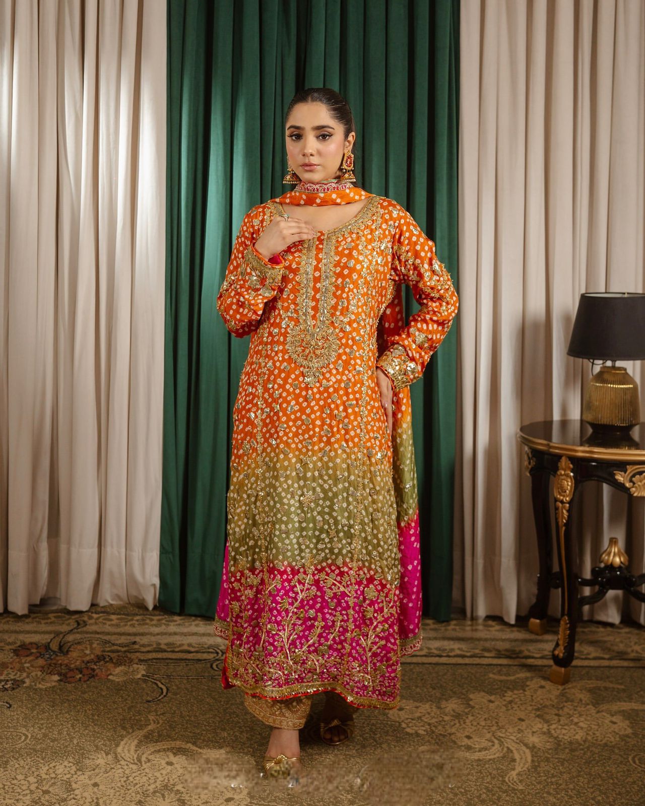 Printed Chinon Silk Long Kurti Palazzo Set with Dupatta