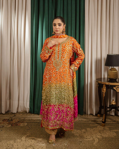 Printed Chinon Silk Long Kurti Palazzo Set with Dupatta