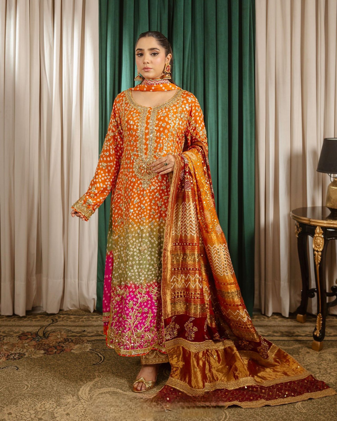 Printed Chinon Silk Long Kurti Palazzo Set with Dupatta