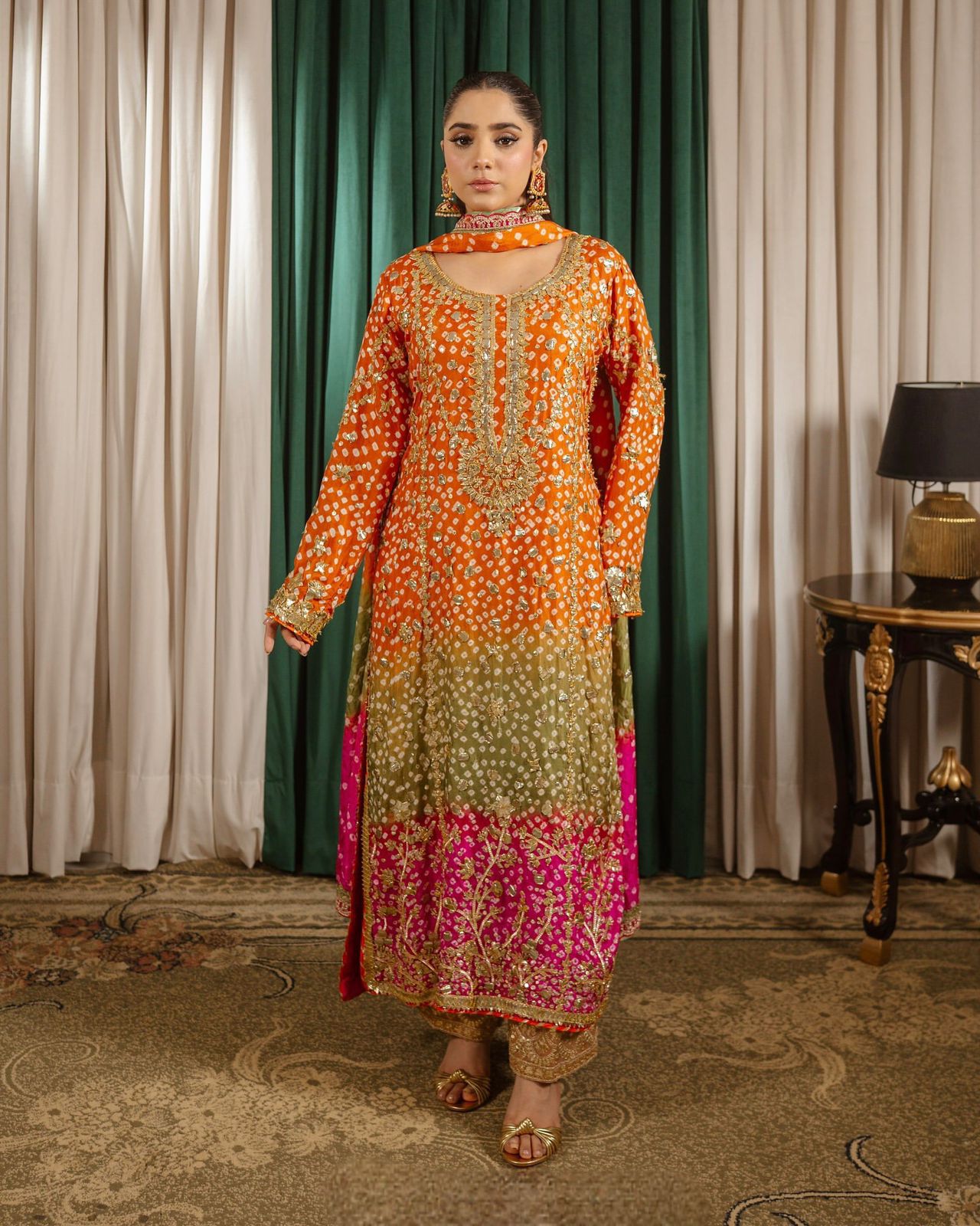 Printed Chinon Silk Long Kurti Palazzo Set with Dupatta