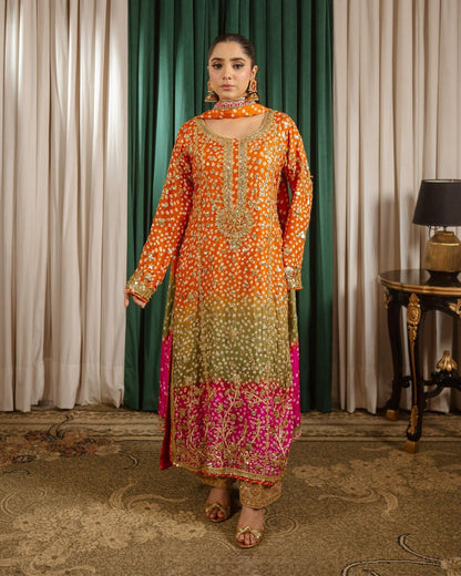 Printed Chinon Silk Long Kurti Palazzo Set with Dupatta