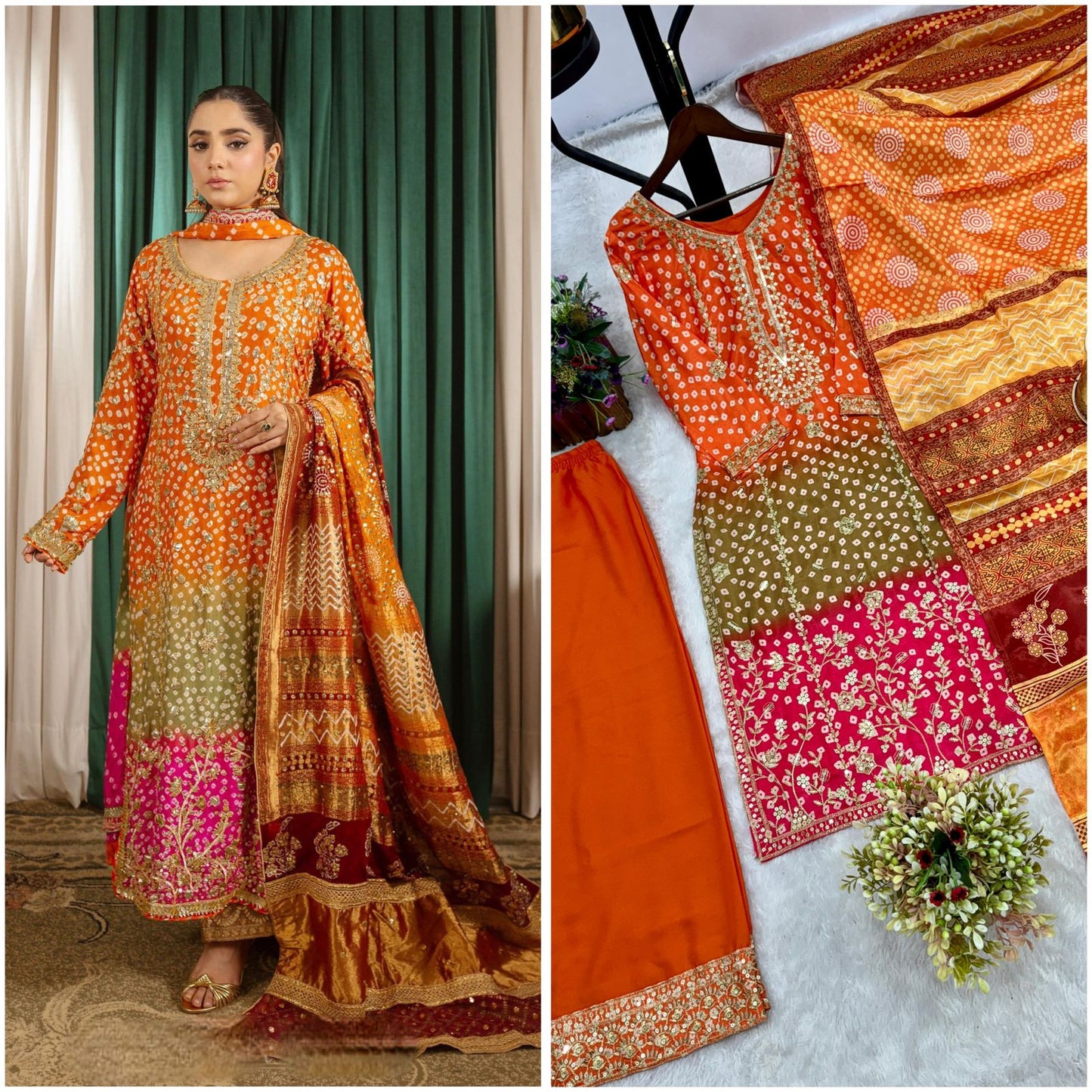 Printed Chinon Silk Long Kurti Palazzo Set with Dupatta