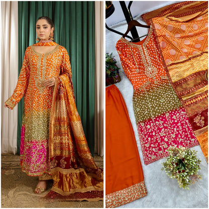 Printed Chinon Silk Long Kurti Palazzo Set with Dupatta