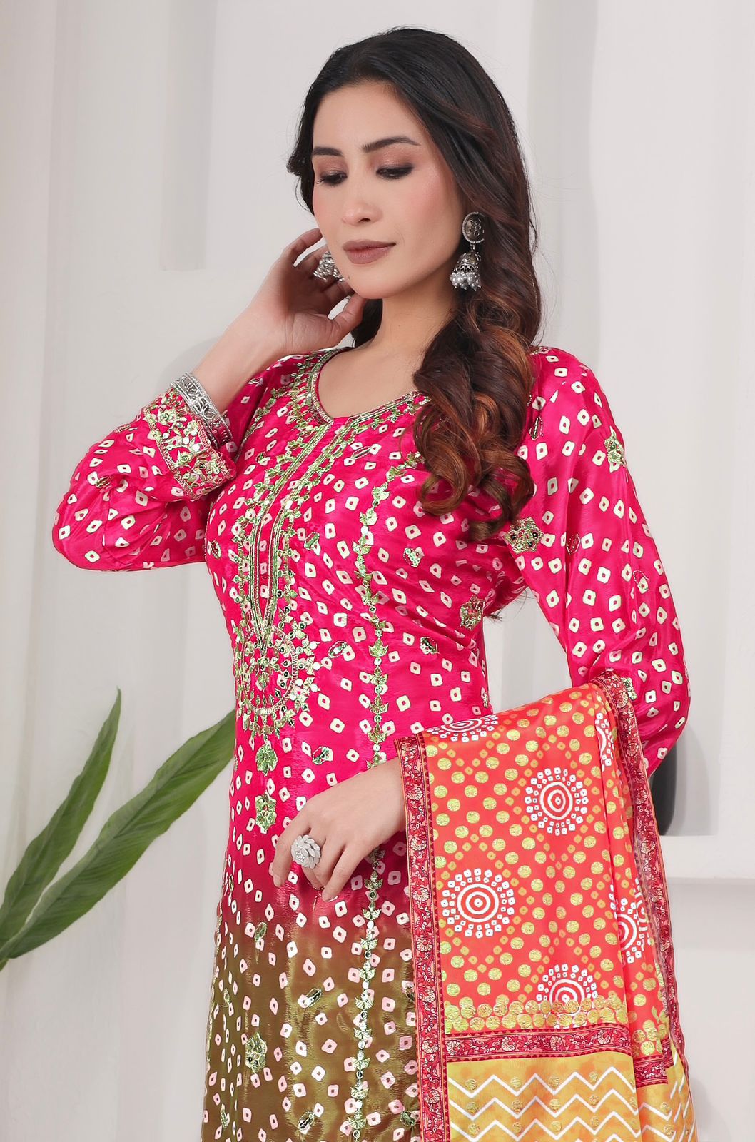 Printed Chinon Silk Long Kurti Palazzo Set with Dupatta