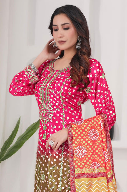 Printed Chinon Silk Long Kurti Palazzo Set with Dupatta