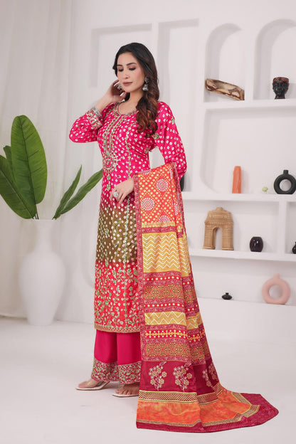 Printed Chinon Silk Long Kurti Palazzo Set with Dupatta